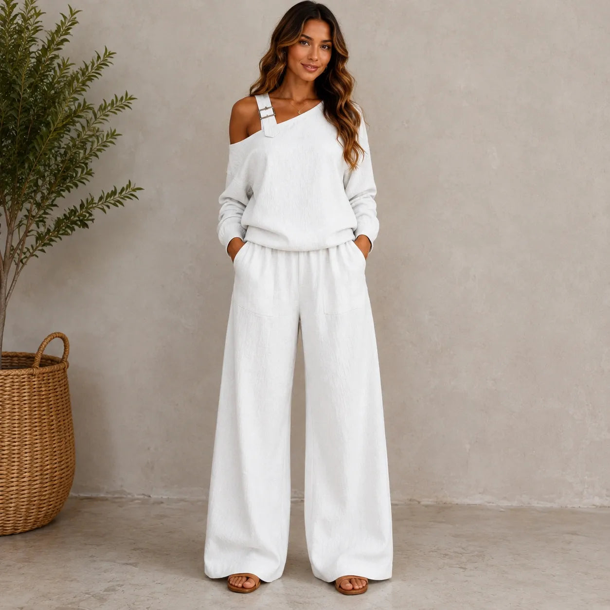 Women’s white linen-blend two-piece set with long sleeve top and wide-leg pants