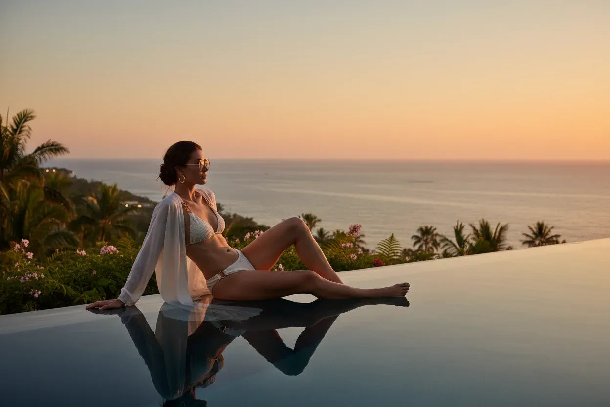 Luxury women's white swimwear at a tropical ocean resort, showcasing the Solazura Boutique swimwear collection.