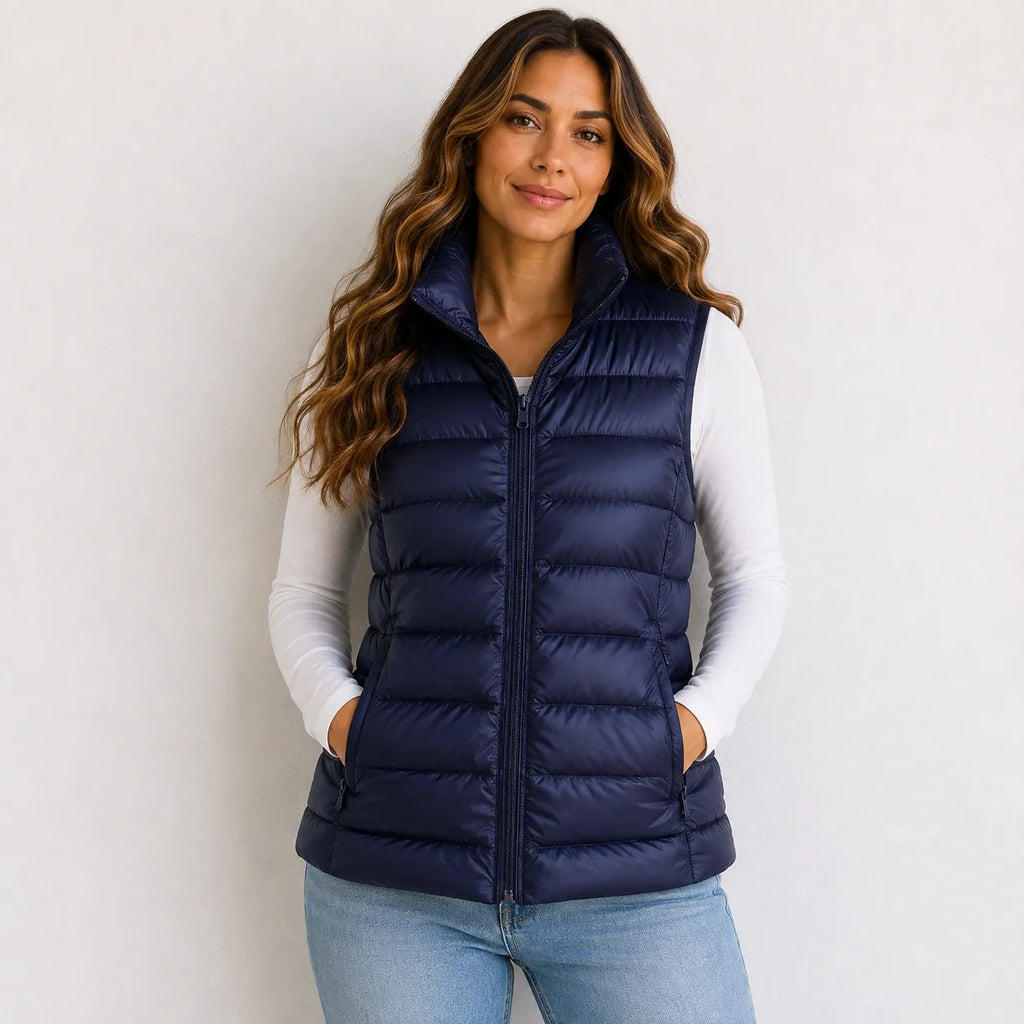Women’s navy blue oversized puffer vest jacket with white duck down