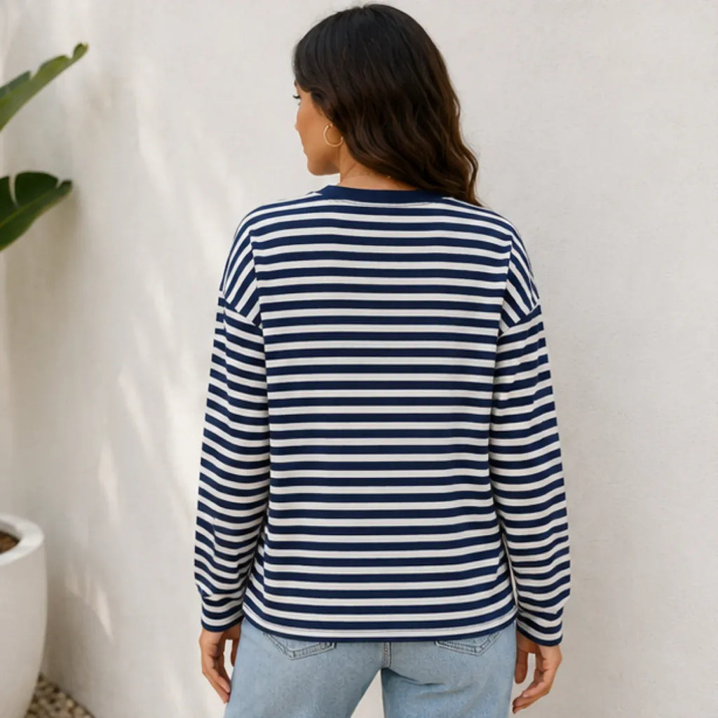 Women's navy striped loose-fit long-sleeve crew neck top back view