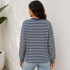Women's navy striped loose-fit long-sleeve crew neck top back view