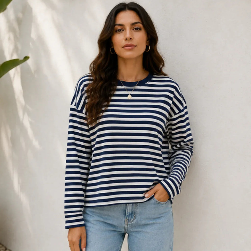 Women's navy striped loose-fit long-sleeve crew neck top front view