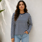 Women's navy striped loose-fit long-sleeve crew neck top front view