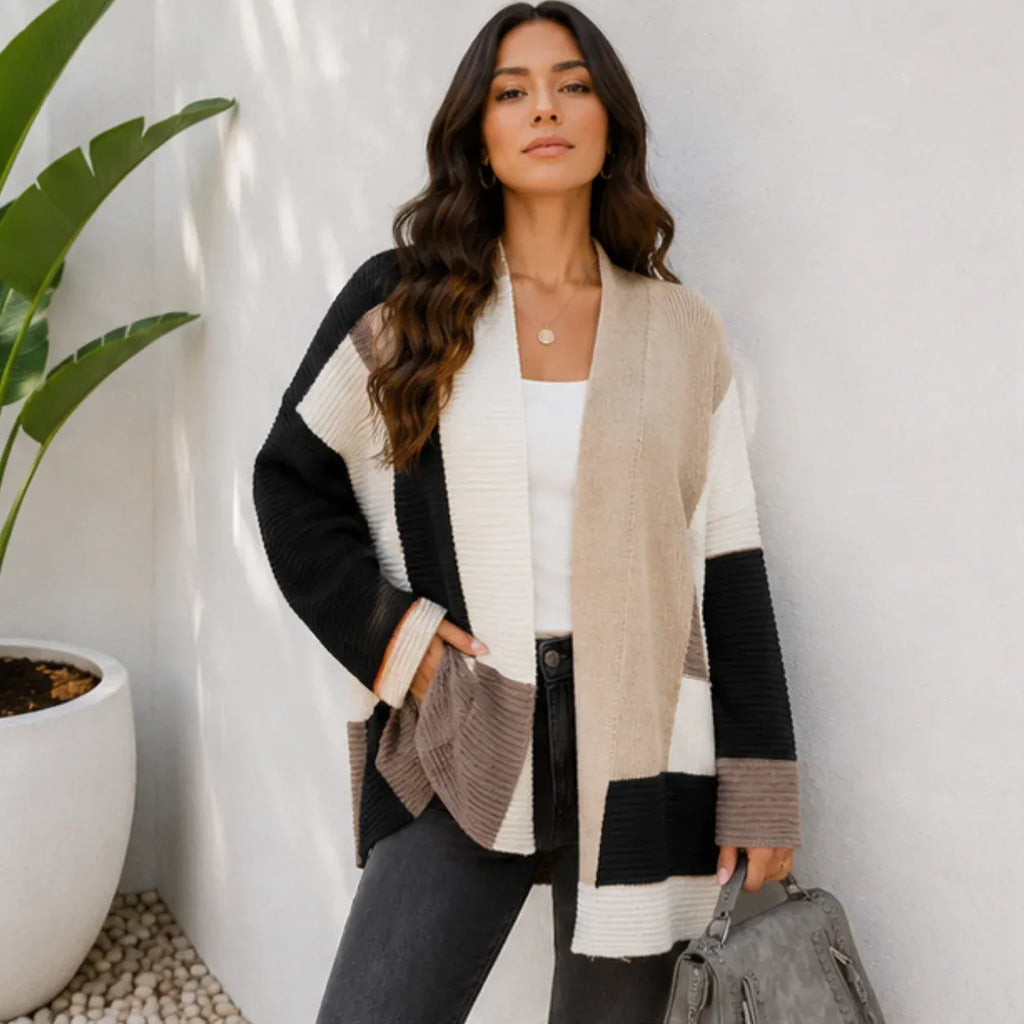 Women's oversized color block cardigan in black, cream, and taupe, front view