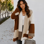Women's oversized color block cardigan in brown, cream, and taupe