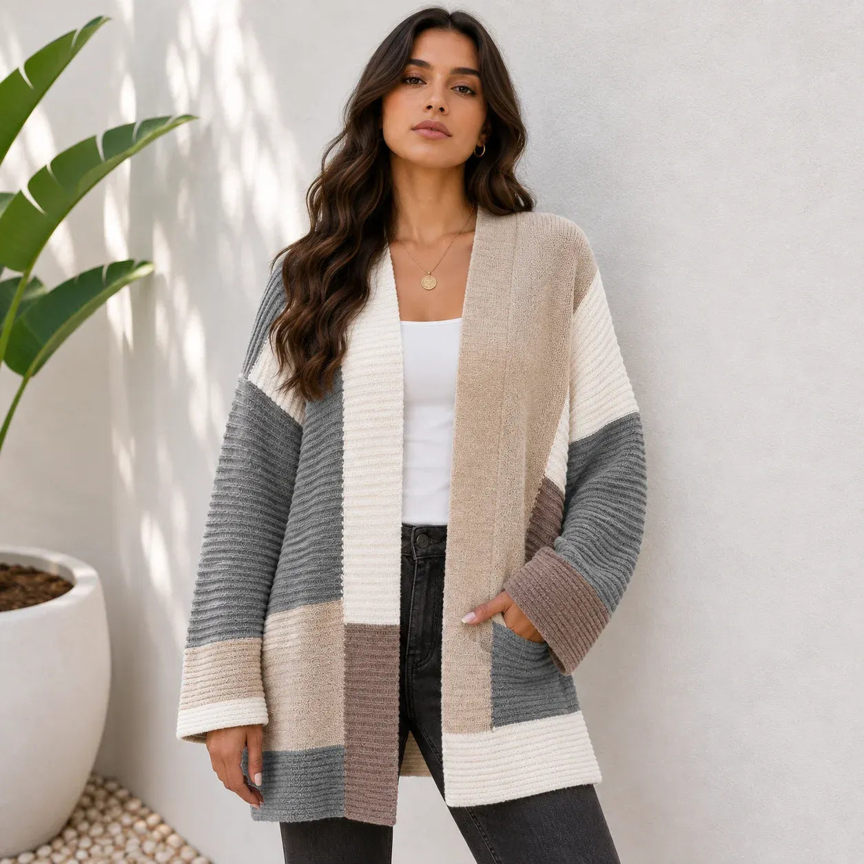 Women's oversized color block cardigan in gray, cream, and taupe