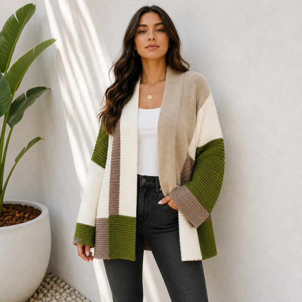 Women's oversized color block cardigan in green, cream, and taupe