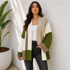 Women's oversized color block cardigan in green, cream, and taupe