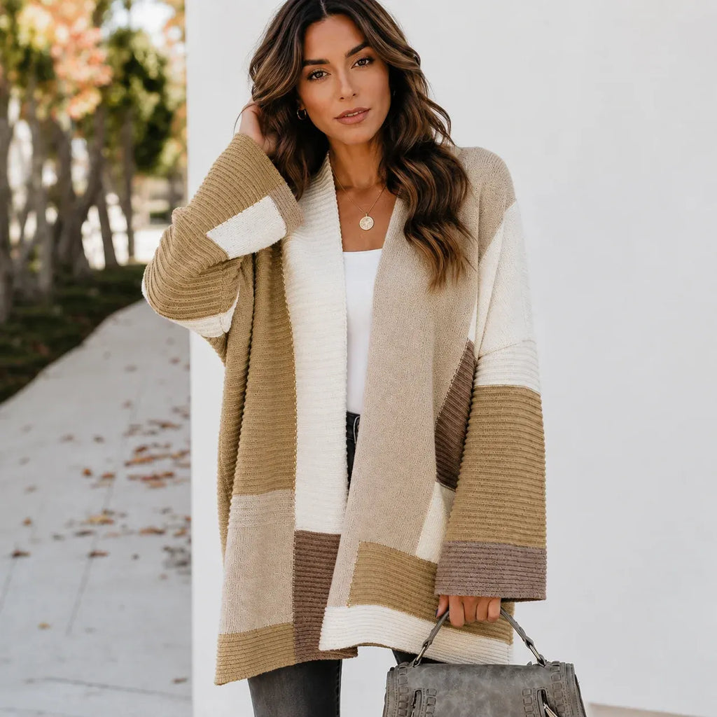 Women's oversized color block cardigan in khaki, cream, and taupe