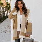 Women's oversized color block cardigan in khaki, cream, and taupe