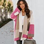 Women's oversized color block cardigan in pink, cream, and taupe