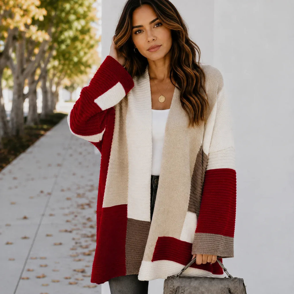 Women's oversized color block cardigan in wine red, cream, and taupe