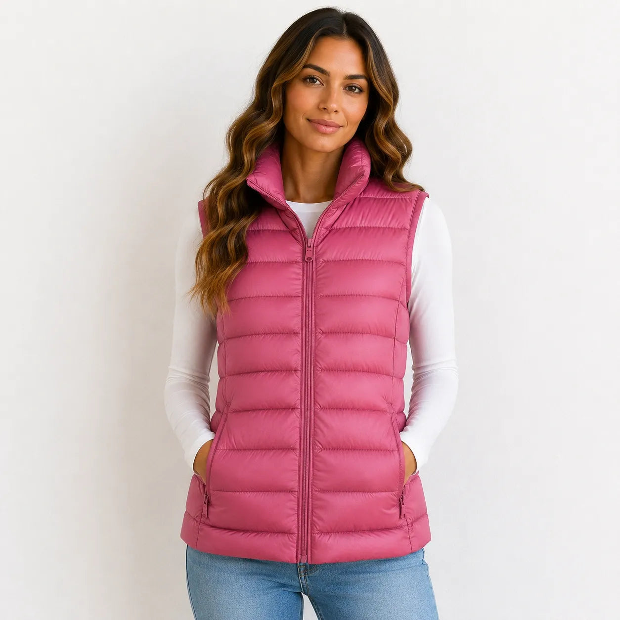 Women’s pink oversized puffer vest jacket with white duck down