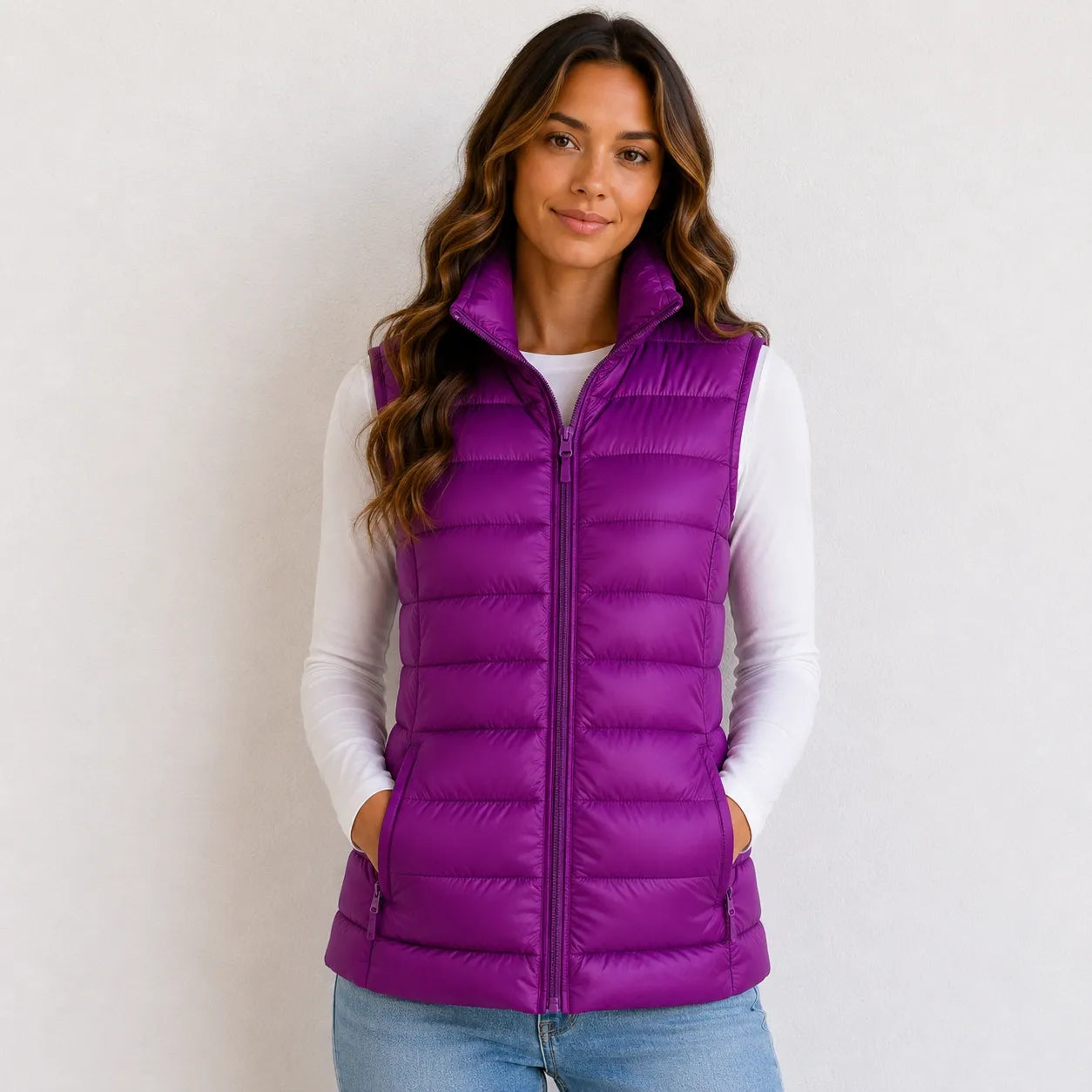 Women’s purple oversized puffer vest jacket with white duck down