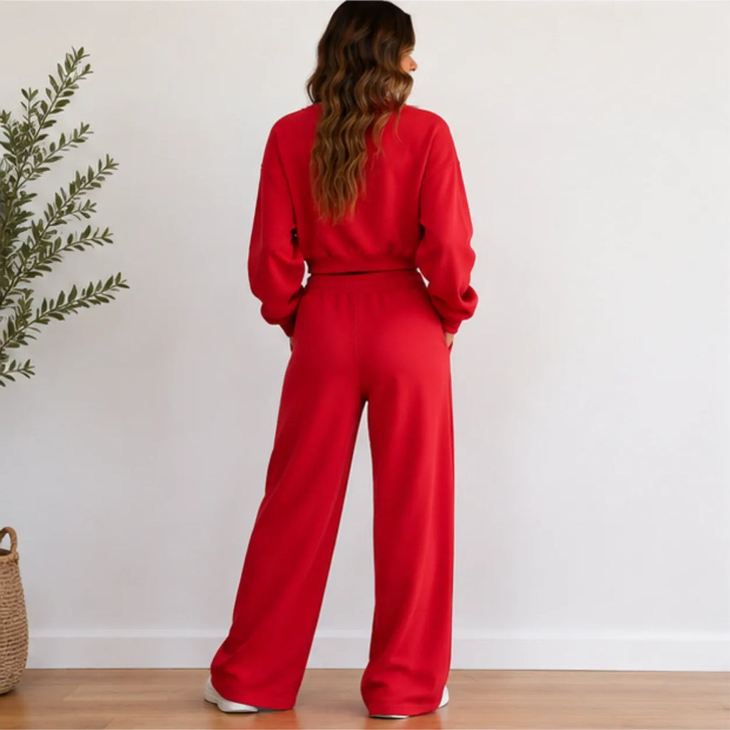 Women’s red crop sweatshirt and wide-leg pants set back view