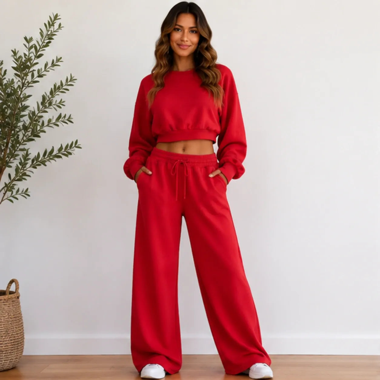 Women’s red crop sweatshirt and wide-leg pants set front view
