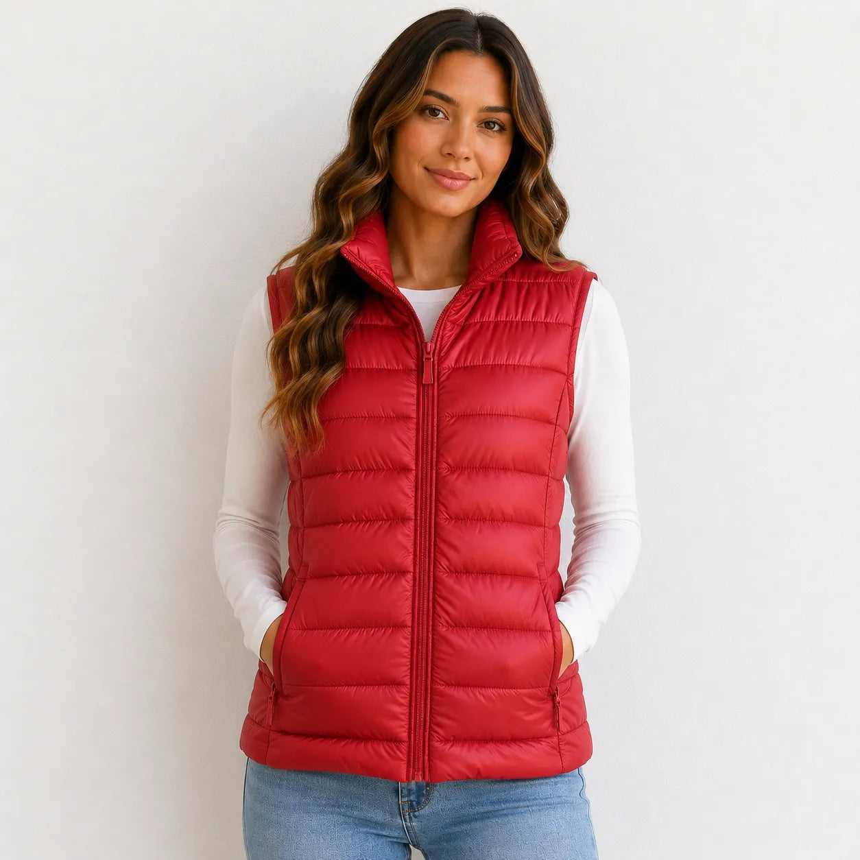 Women’s red oversized puffer vest jacket with white duck down