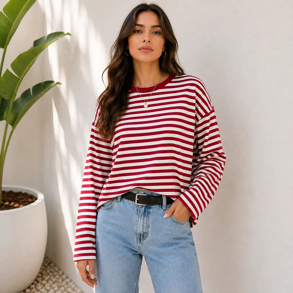 Women's red striped loose-fit long-sleeve crew neck top