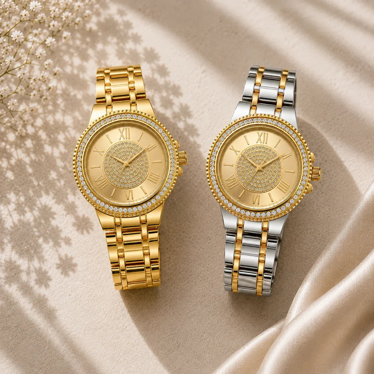 Women's rhinestone Roman numeral watches in gold and silver with gold bracelet finish