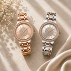 Women's rhinestone Roman numeral watches in rose gold and silver with rose gold accents