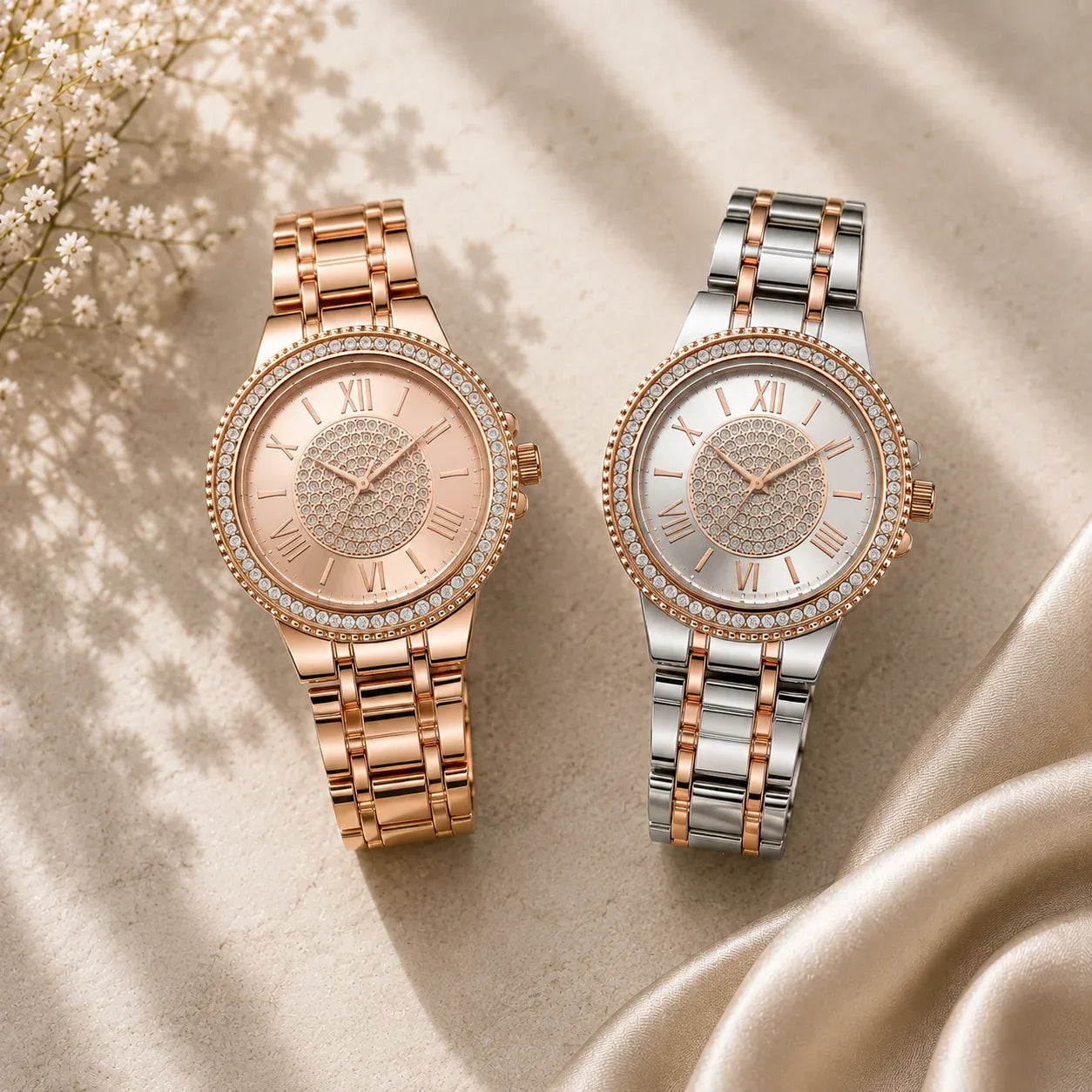 Women's rhinestone Roman numeral watches in rose gold and silver with rose gold accents