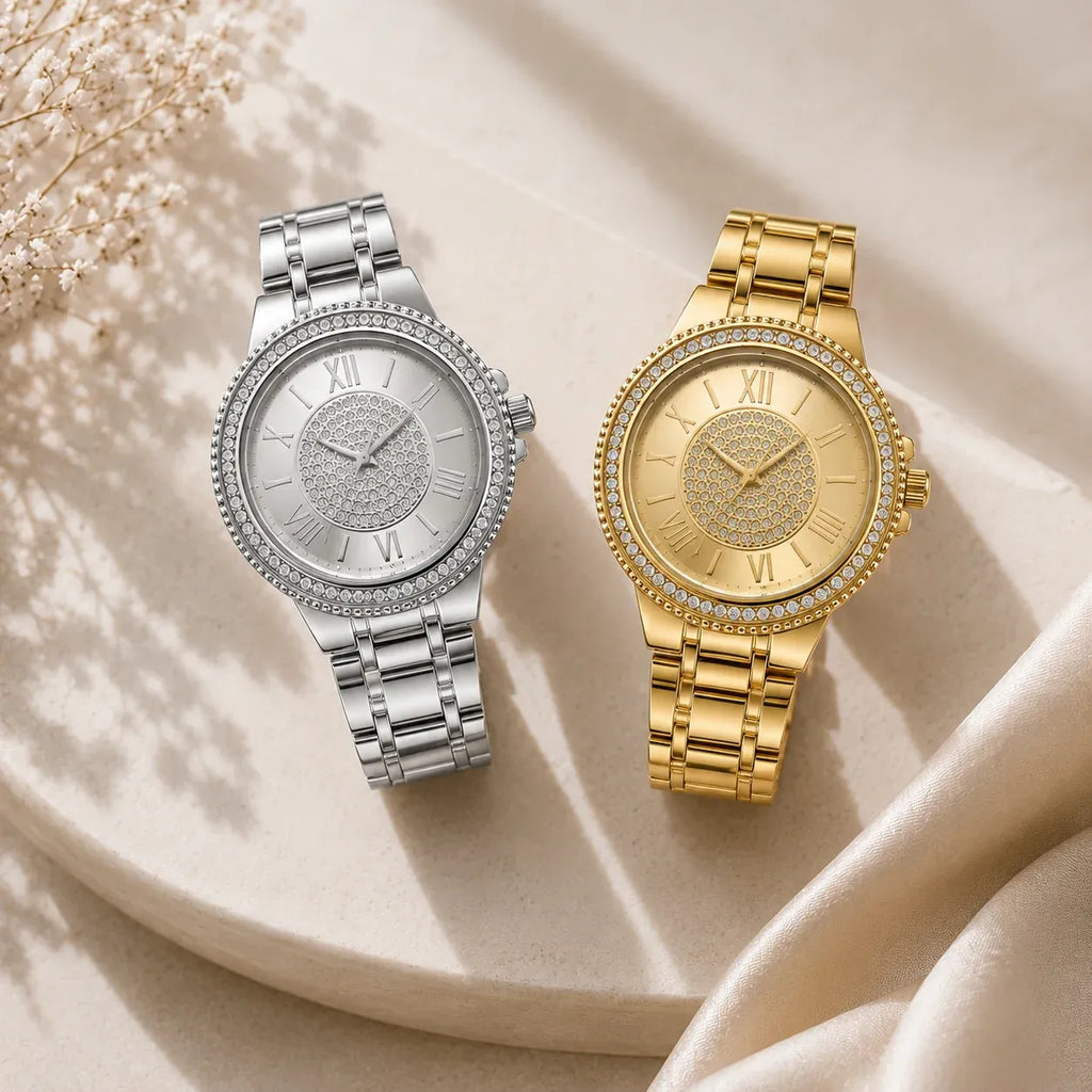 Women's rhinestone Roman numeral bracelet watches in silver and gold finishes