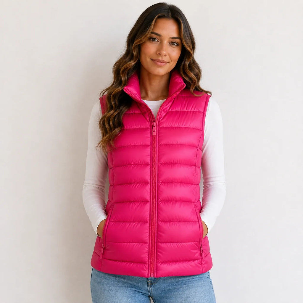 Women’s rose red oversized puffer vest jacket with white duck down