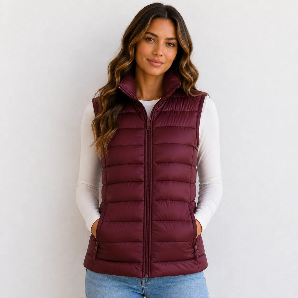 Women’s wine red oversized puffer vest jacket with white duck down