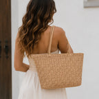 Back view of a woven straw tote bag with double handles worn over the shoulder with a white summer dress.