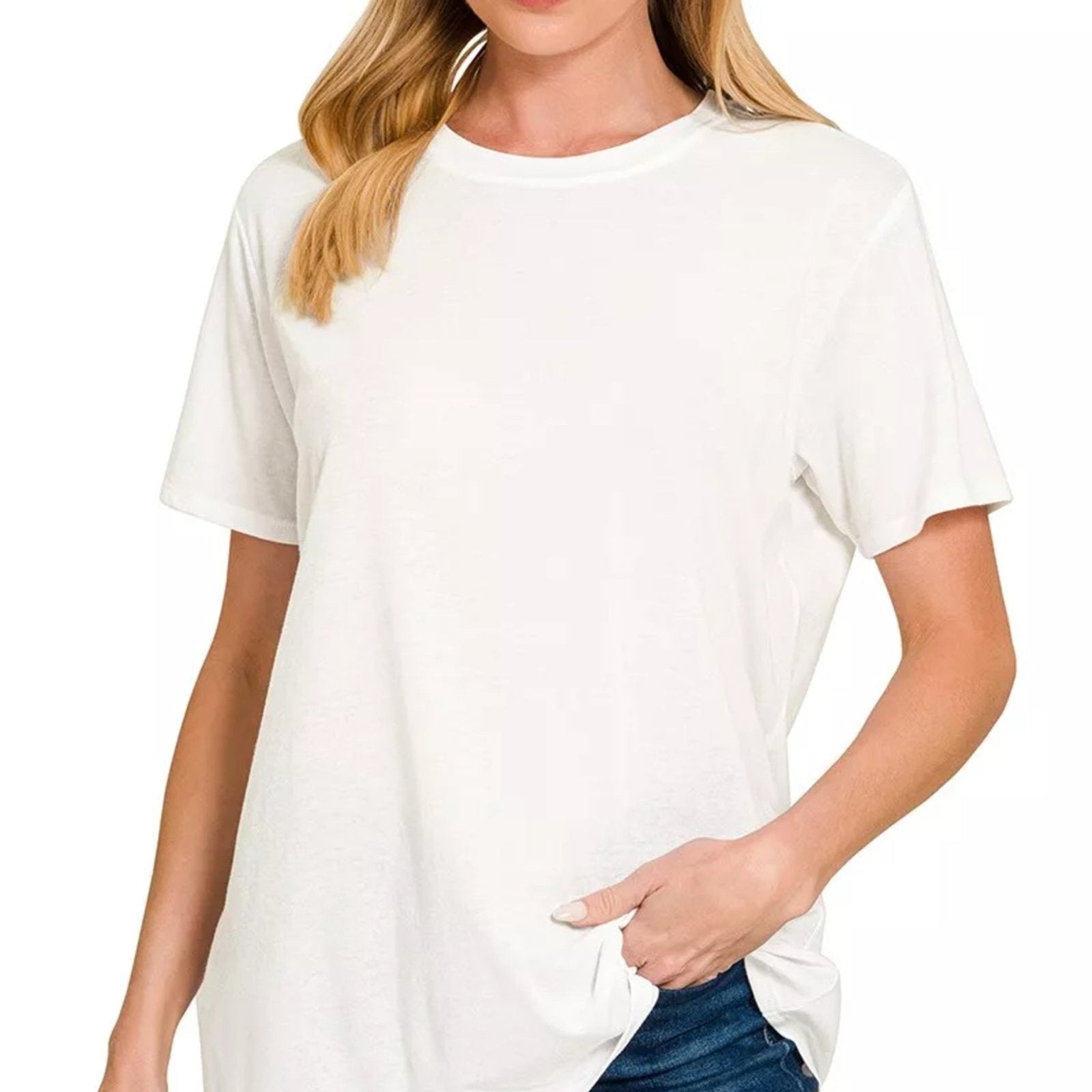 Zenana 100% Cotton Boyfriend Round Neck Relaxed Tee - White-Trendsi - Solazura Boutique
