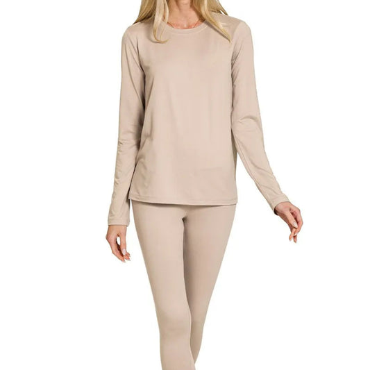 Front view of the Zenana Microfiber Round Neck Top and Leggings Set in Ash Mocha.