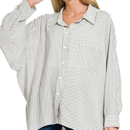 Model wearing the Zenana black striped button-down shirt for a realistic, sharp style.