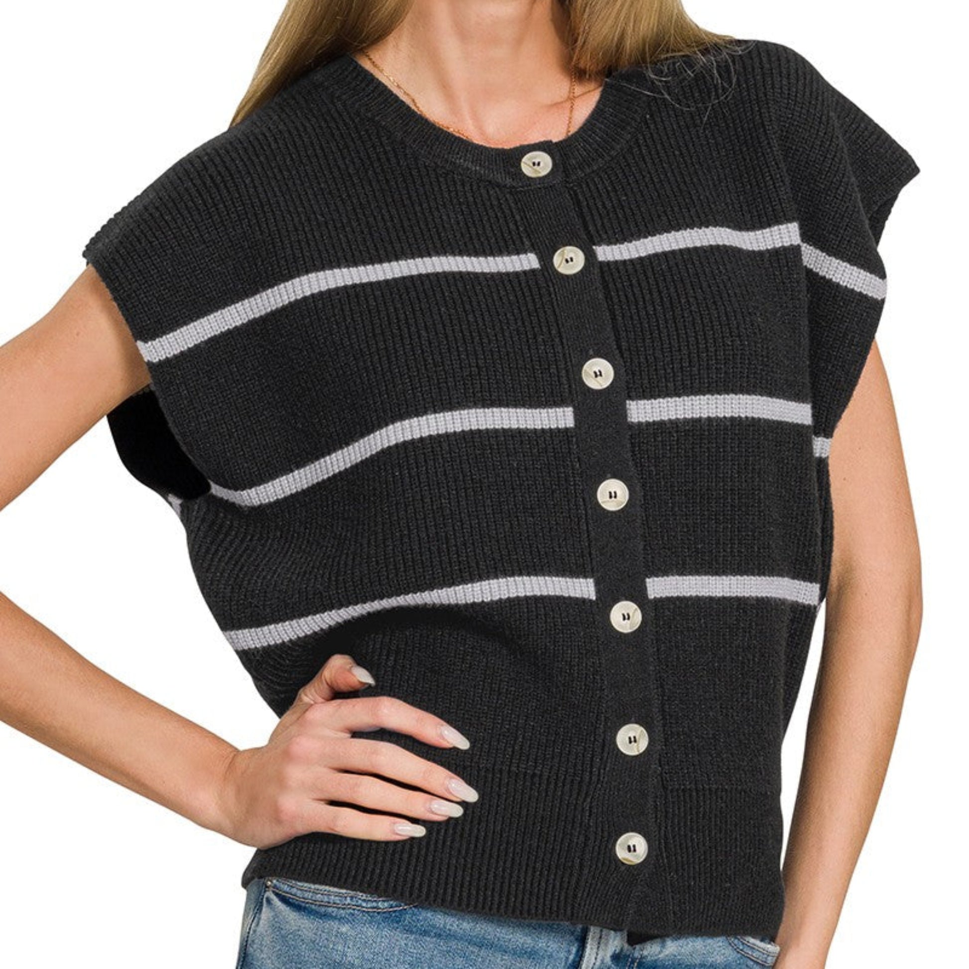 Front view of the Zenana Striped Viscose Sweater Vest in Black.