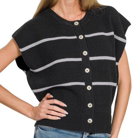 Front view of the Zenana Striped Viscose Sweater Vest in Black.