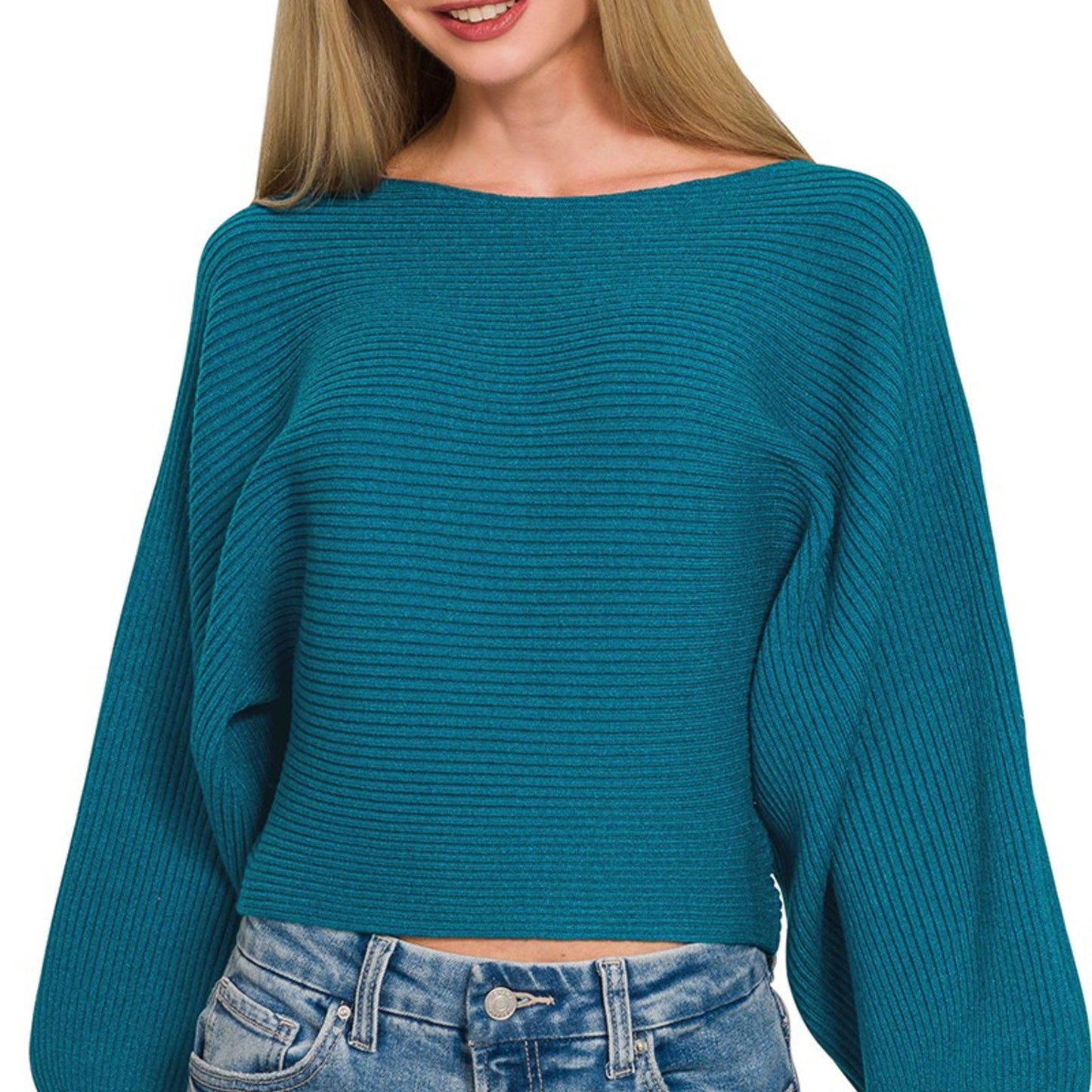Zenana boat neck sweater with balloon sleeves in Ocean Teal ribbed knit.