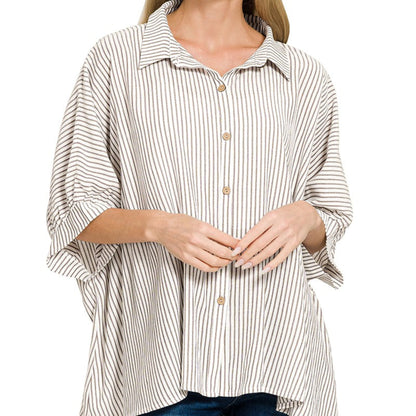 Model wearing the Zenana brown striped button-down shirt for a realistic, earthy style.