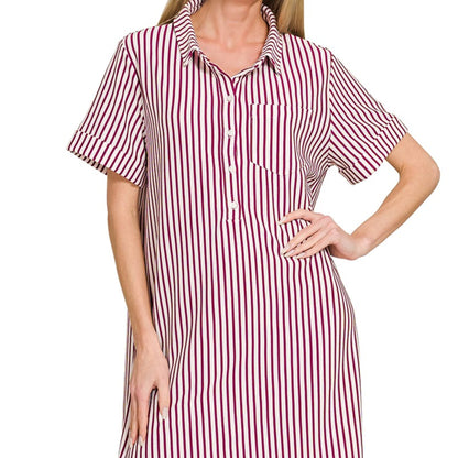 Front view of the Zenana Stripe Collared Half Button-Up T-Shirt Dress in Cabernet.