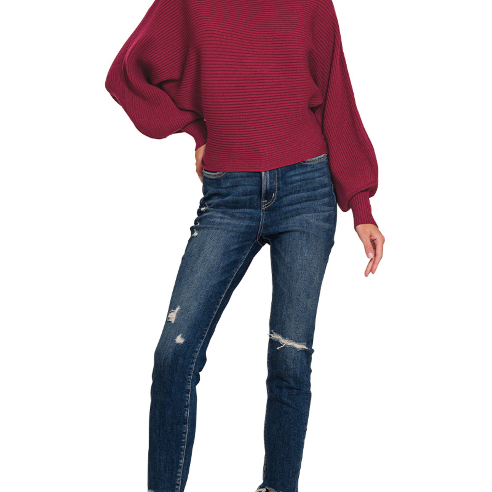 Full-length view of the Cabernet balloon sleeve sweater styled for a boutique look.