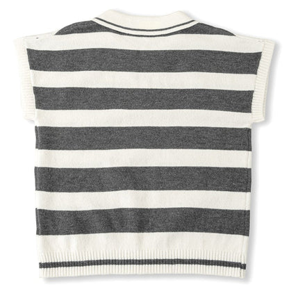 Back view Striped sweater vest with black and white stripes on a white background
