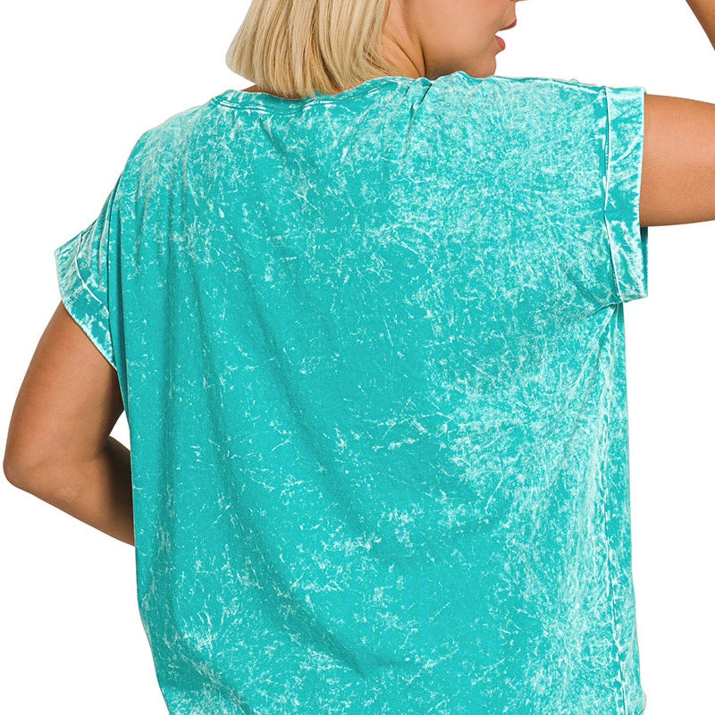 Side view of Zenana women's plus size relaxed fit crinkle tee in Lt. Teal.
