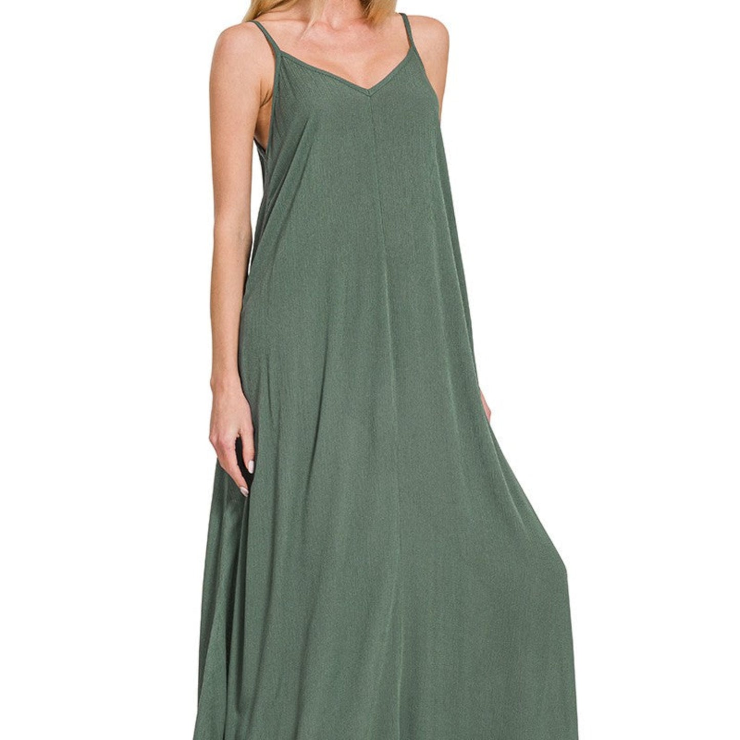 Front view of the ash jade crinkle dress styled as a versatile and chic capsule essential.