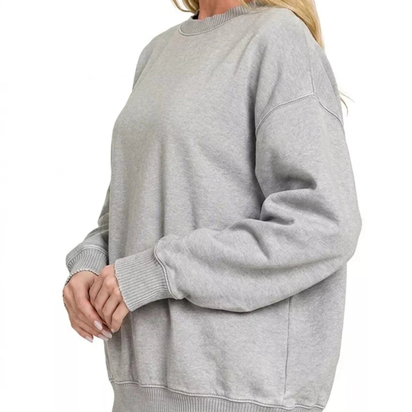 Zenana Fleece Acid Enzyme Washed Round Neck Sweatshirt - Sleet-Trendsi - Solazura Boutique