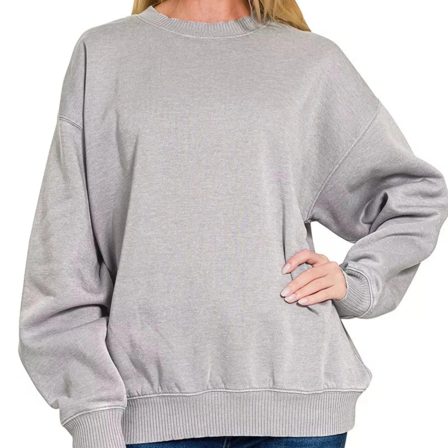 Zenana Fleece Acid Enzyme Washed Round Neck Sweatshirt - Sleet-Trendsi - Solazura Boutique