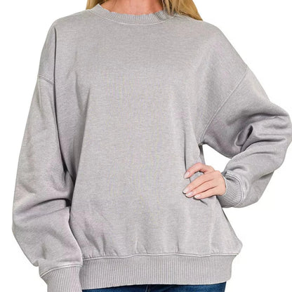 Zenana Fleece Acid Enzyme Washed Round Neck Sweatshirt - Sleet-Trendsi - Solazura Boutique