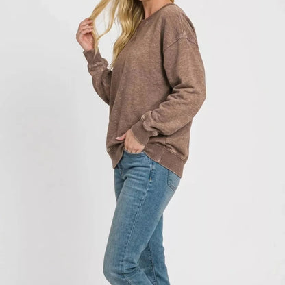 Zenana Fleece Acid Enzyme Washed Round Neck Sweatshirts-Trendsi - Solazura Boutique