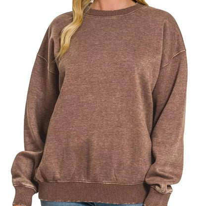 Zenana Fleece Acid Enzyme Washed Round Neck Sweatshirts-Trendsi - Solazura Boutique