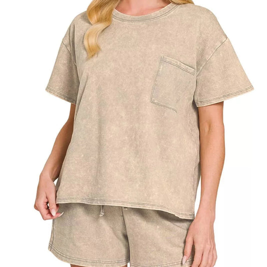 Zenana French Terry Acid Washed Relaxed Top And Short Set-Beige-Trendsi - Solazura Boutique