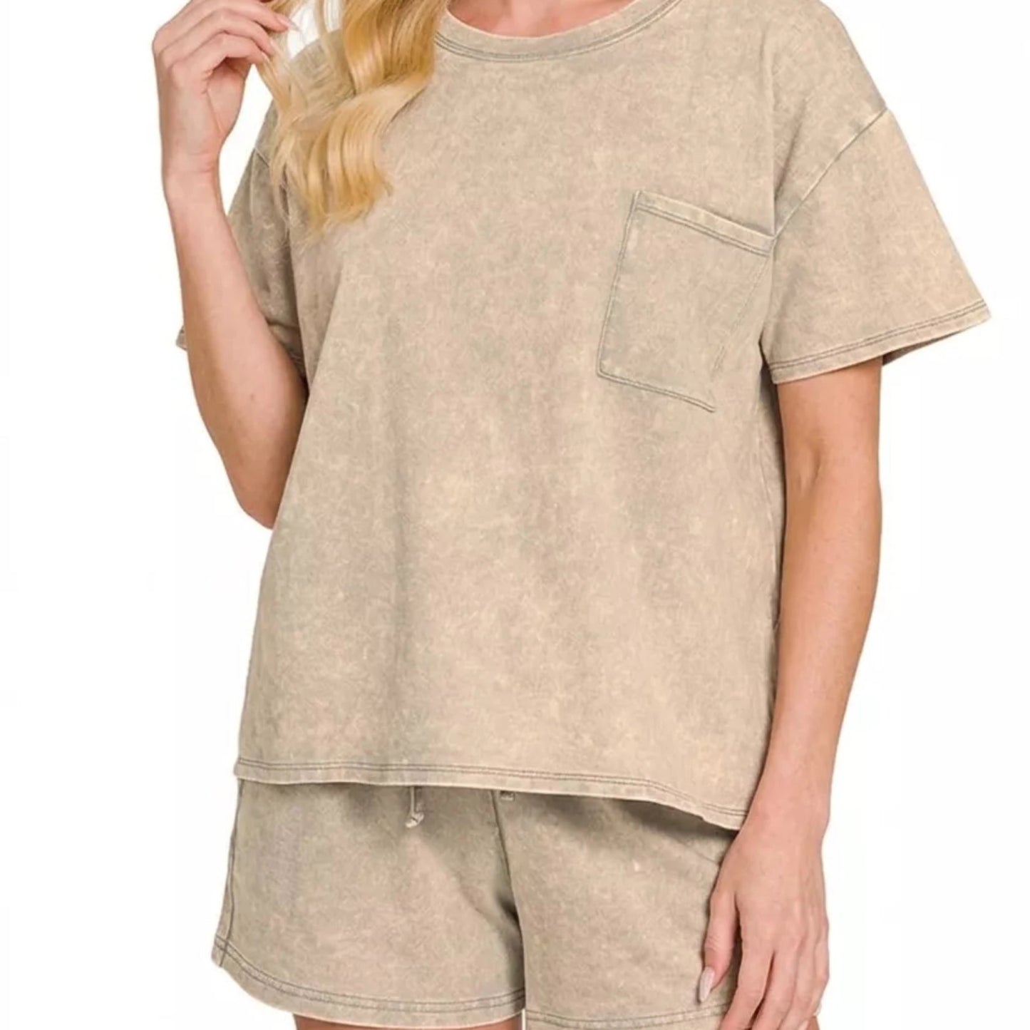 Zenana French Terry Acid Washed Relaxed Top And Short Set-Beige-Trendsi - Solazura Boutique