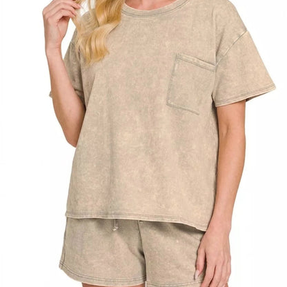 Zenana French Terry Acid Washed Relaxed Top And Short Set-Beige-Trendsi - Solazura Boutique