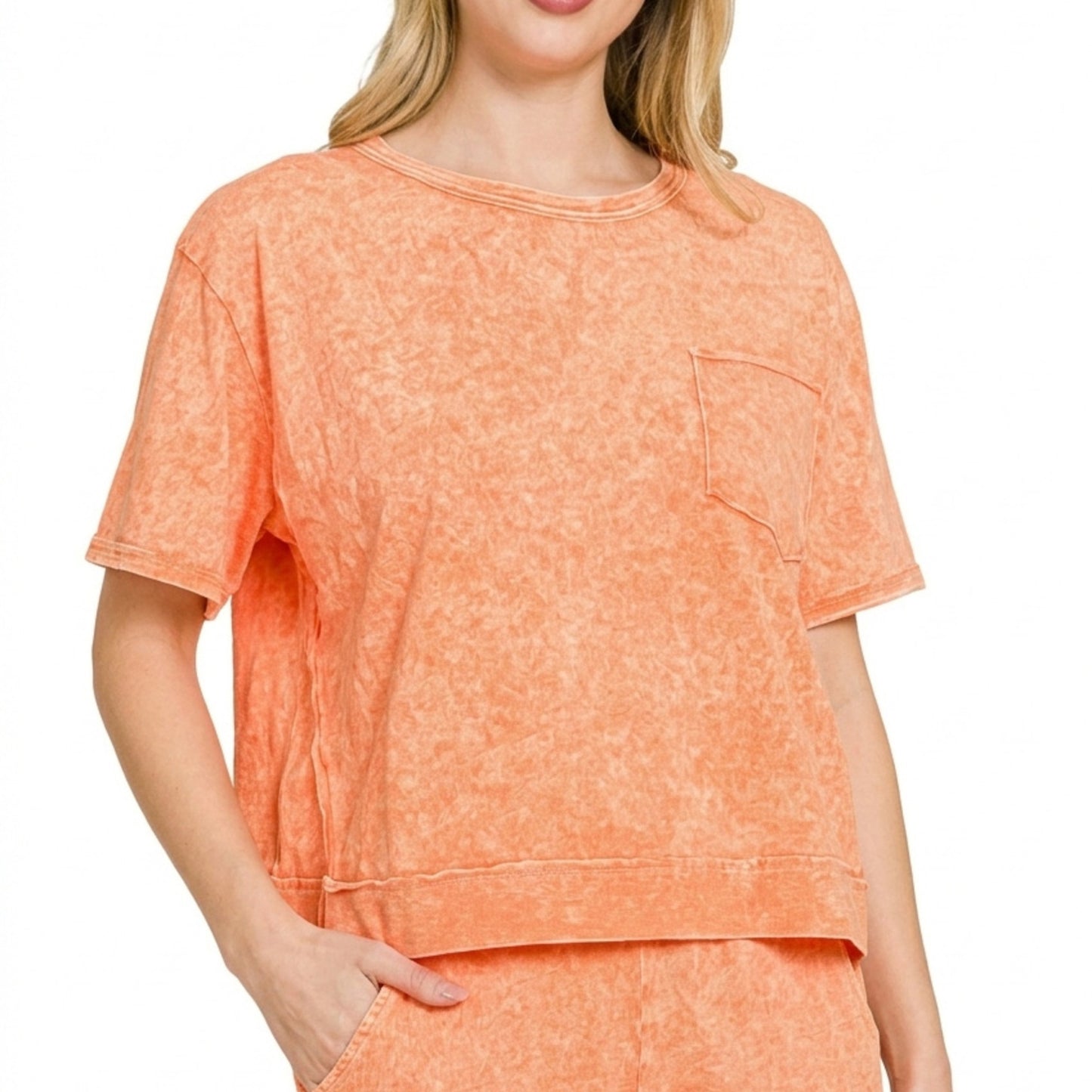 ront view of Zenana Halo Snow Washed Boxy Top and Shorts Set in Orange.